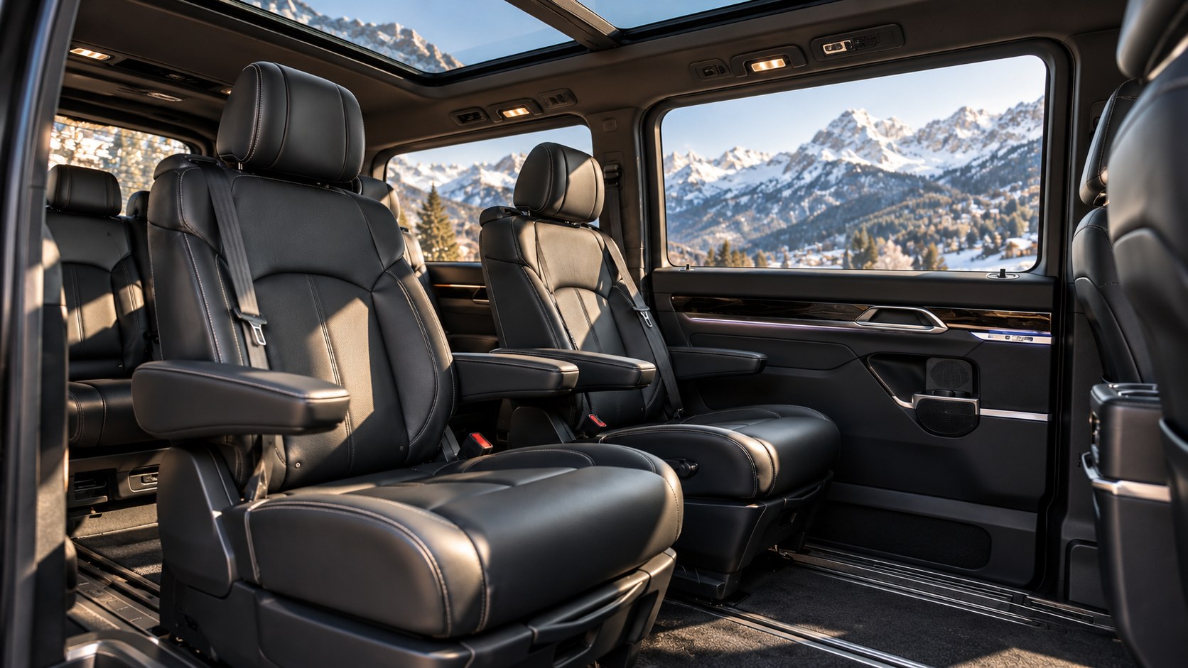 Interno in pelle di un Mercedes V-Class con vista sulle Dolomiti