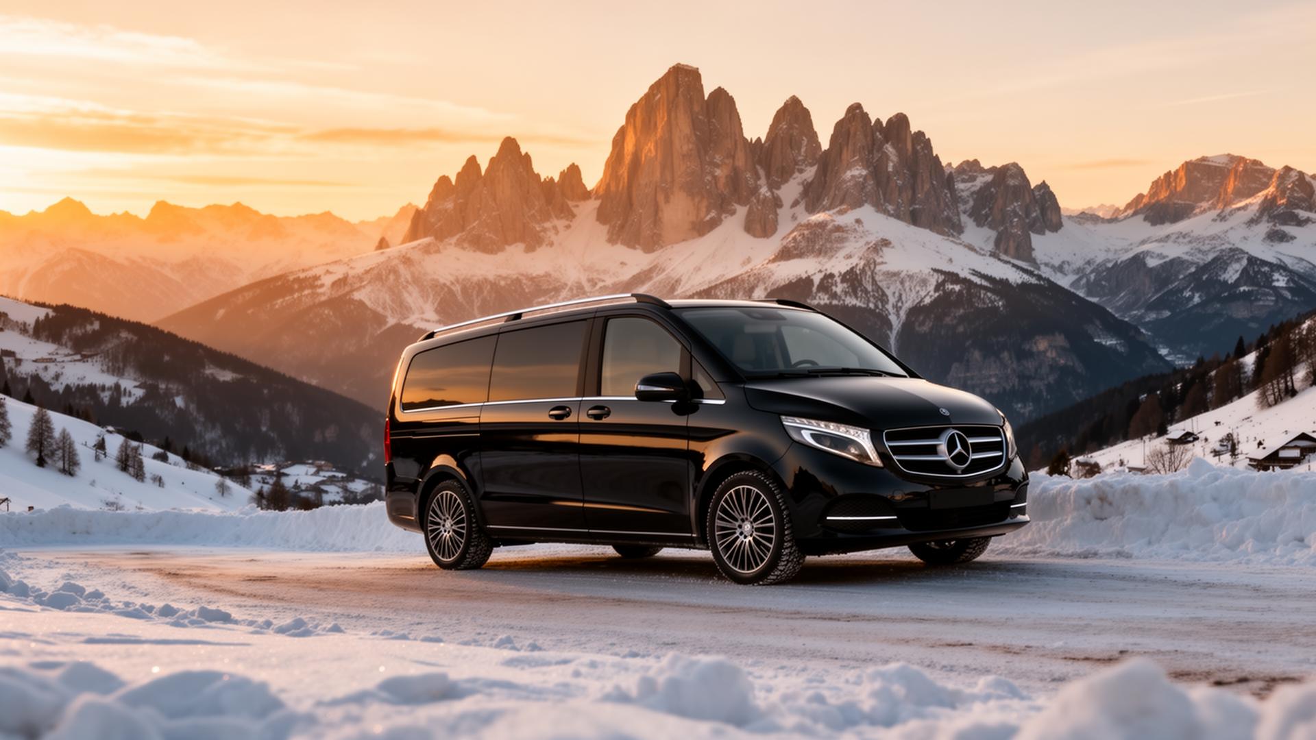 Mercedes V-Class di lusso parcheggiata sulle Dolomiti al tramonto